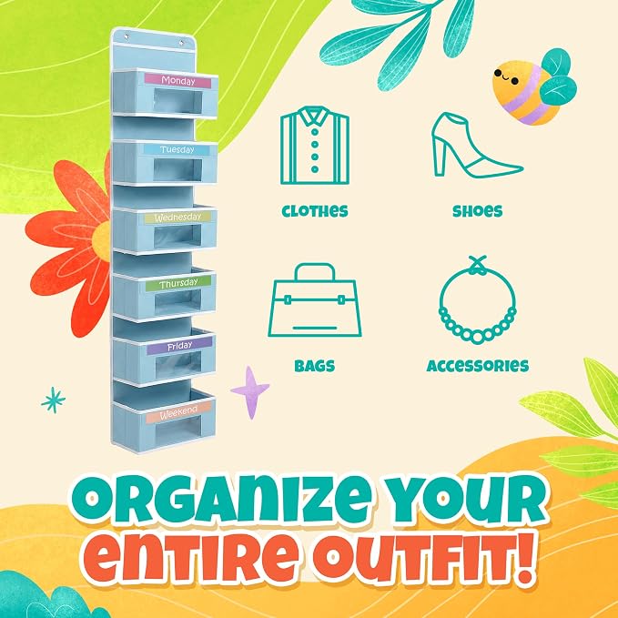Houseables Weekly Clothes Organizer for Kids, Days of the Week Clothes Organizer, Kids Closet, Daily Outfit Storage, Monday Through Friday Clothing, Weekday, M-F, School, Hanging, Over Door, 6 Shelf