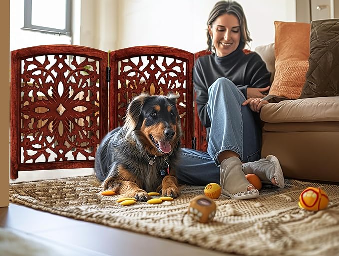 Croft&Cane Wooden Foldable Pet Dog Gate – Hand Carved 3-Panel Freestanding Dog Fence - 60 W x 24 H - Solid Wood & MDF Indoor Doorway Hallway Stairs Safety Barrier – Portable Puppy Gate - Walnut Brown