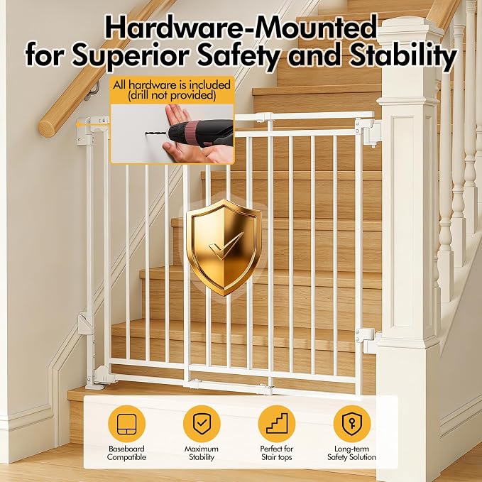 Extra Tall Baby Gate for Stairs and Doorways, 26-43” W x 39” H(Must Drill to Install), One-Hand Operation, Auto-Close Feature, No Bottom Threshold, for Babies and Pets, White