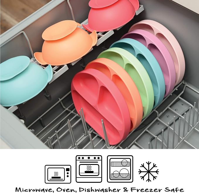 PrimaStella Unbreakable Silicone Non-Slip Baby & Toddler Plate and Spoon Feeding Set - Pacific Blue