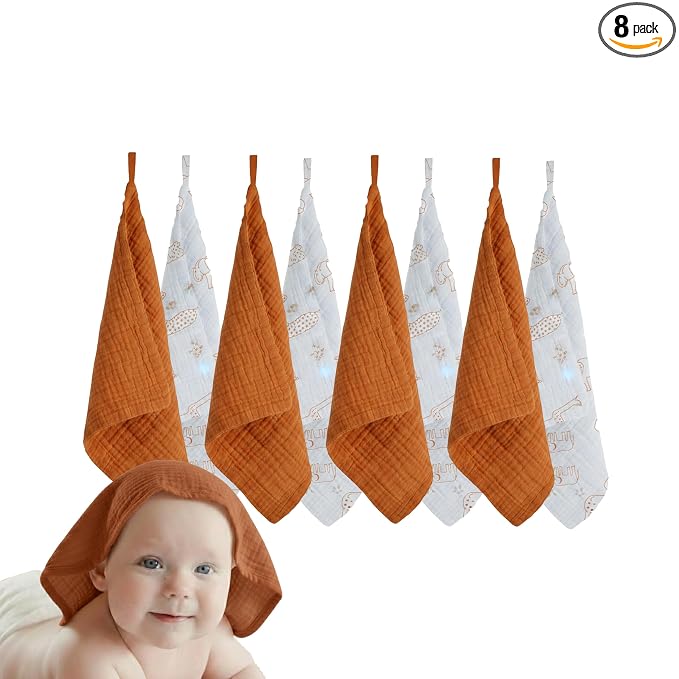 Muslin Baby Washcloths for Newborns, Pack of 8, 11"x11", Super Soft Cotton, Absorbent and Gentle, Baby Cotton Wipes, Baby wash Cloths