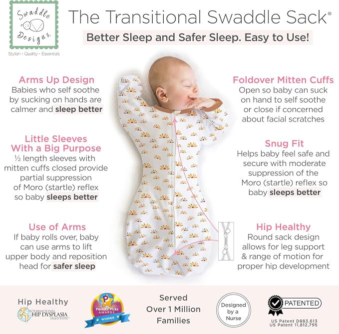 SwaddleDesigns Transitional Swaddle Sack, Arms Up Half-Length Sleeve Mitten Cuff, Most Gradual Transition Swaddle for Newborn