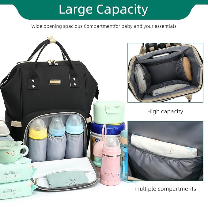Diaper Bag Backpack, Diaper Bags for Baby Girls Boys, Baby Bags for Moms Dads, Nappy Changing Bag with Insulated Pockets,Multi-functional Waterproof Backpack with Stroller straps-Black