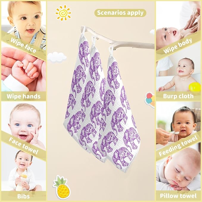 vvfelixl Purple Outline Elephant Baby Burp Cloths Baby Muslin Washcloths for Boys Girls Cotton Babys Face Towel for Newborn Infants Soft and Absorbent 11.8 X 11.8 in, 5 Pack