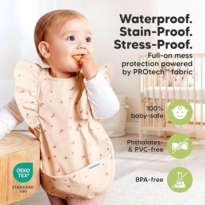 KeaBabies Waterproof Bibs for Baby Girl,Boy ??2-Pack Lightweight, Large Baby Bibs for Eating, Wearable Food Catcher, 6-12 Months Infant Feeding Essentials, Smock for Toddlers 1-3, Kids (Butterflies)