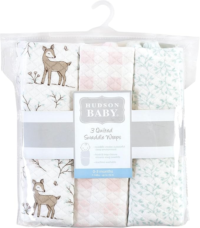 Hudson Baby Unisex Baby Quilted Cotton Swaddle Wrap 3pk, Enchanted Forest, 0-3 Months