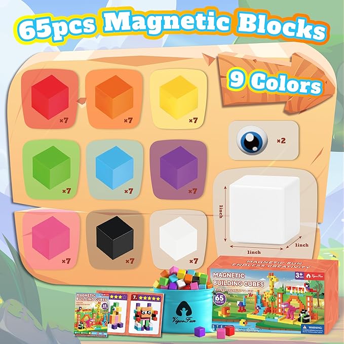 65 PCS Magnetic Blocks Set, 1" Magnet Building Blocks with Toy Eyes and Storage Bag for Kids Gifts, STEM Educational Preschool Sensory Toys for Toddlers Boys Girls Ages 3 4 5 6 7 8 + (Bright Color)