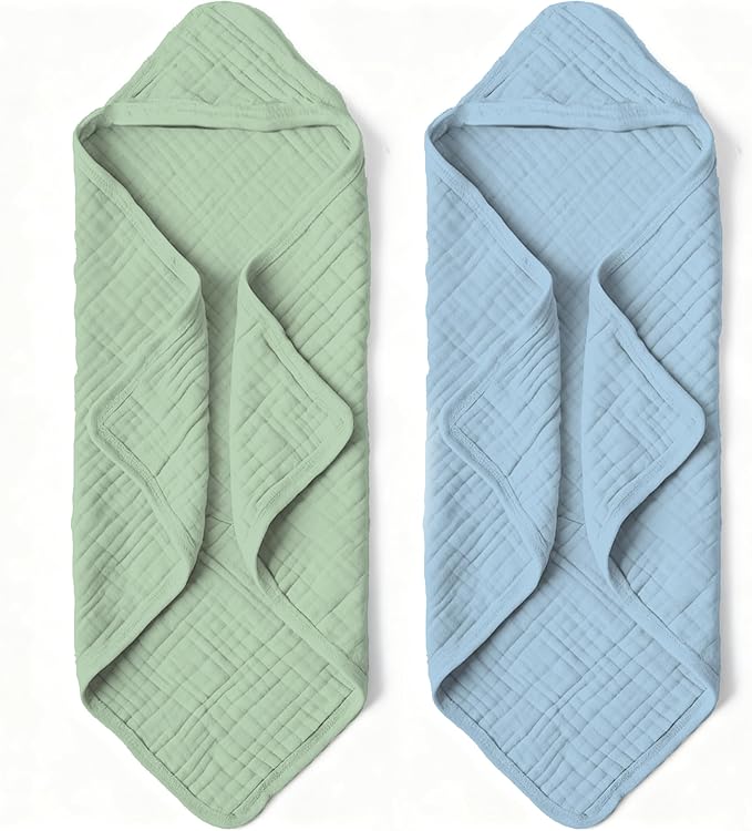Organic Muslin Hooded Baby Bath Towels - 2 Pack 100% Organic Cotton Towel for Babies, Infants, Toddlers - 32x32Inch - Highly Absorbent and Newborn Essential(Blue Green)