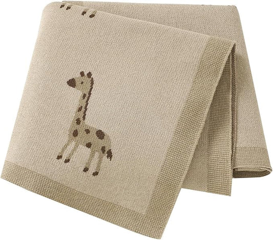 Opewod Soft Cotton Knit Baby Blanket with Cute Deer Print 40x30in Newborn Receiving Blanket Swaddle Cuddle Blanket for Crib, Stroller, or Nursery for Infants & Toddlers Camel