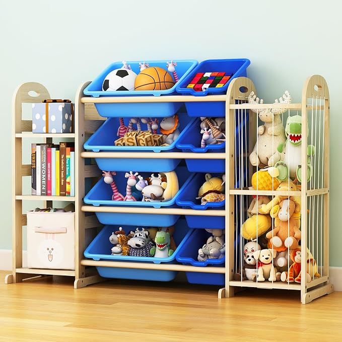 Toy Storage Organizer, Toy Organizers and Storage with Stuffed Animal Storage, Kids Toy Storage Shelf with 3 Shelves 8 Storage Bins, Kids Bookshelf, Toy Holder for Playrooms, Bedrooms, Blue