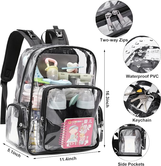 Clear Diaper Bag Backpack for Baby Girls Boys, Mom Nappy Bags for Women (Black)