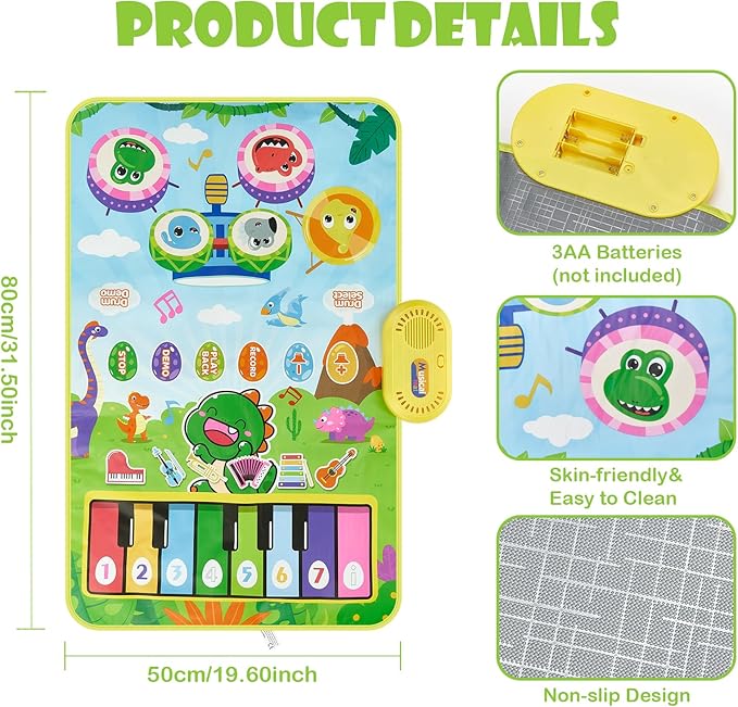 Baby Musical Play Mat,Early Educational 3 in 1 Floor Piano Drum Animal Touch 31.5"*19.6 " Play Blanket Montessori Sensory Musical Learning Toys,Baby Birthday (Green Dinosaur)