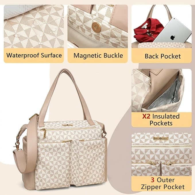 miss fong Checkered Diaper Bag Tote Leather Diaper Bag Backpack Pañaleras Para Bebe with 15 Pockets,Leather Diaper Tote with Diaper Changing Pad, Baby Bag for Moms Mommy Bag for Women -White Checkered