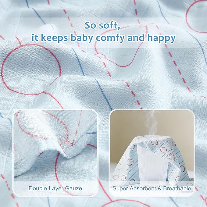 Muslin Swaddle Blankets for Newborn, Large 47"x47" Soft Breathable Bamboo Cotton Baby Blanket, Lightweight Receiving Blanket for Boys and Girls, Ice Action