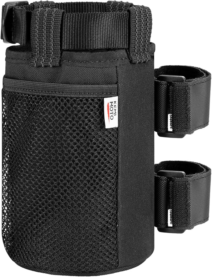 KEMIMOTO 1 Pack Cup Holder, Roll Bar Cup Holder for UTVs Wheelchair Scooter Walker Rollator Bike Golf Cart Boat with Mesh Pockets and Sticky Straps