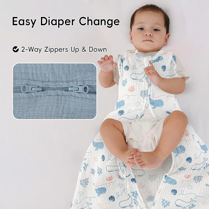 david's kids Muslin Cotton Baby Sleep Sack 18-24 Months, 2 Pack 100% Cotton Sleeping Bag for Summer, TOG 0.5 Baby Wearable Blankets with 2-Way Zipper, Soft Sleep Sacks for Newborn Infant, Whale