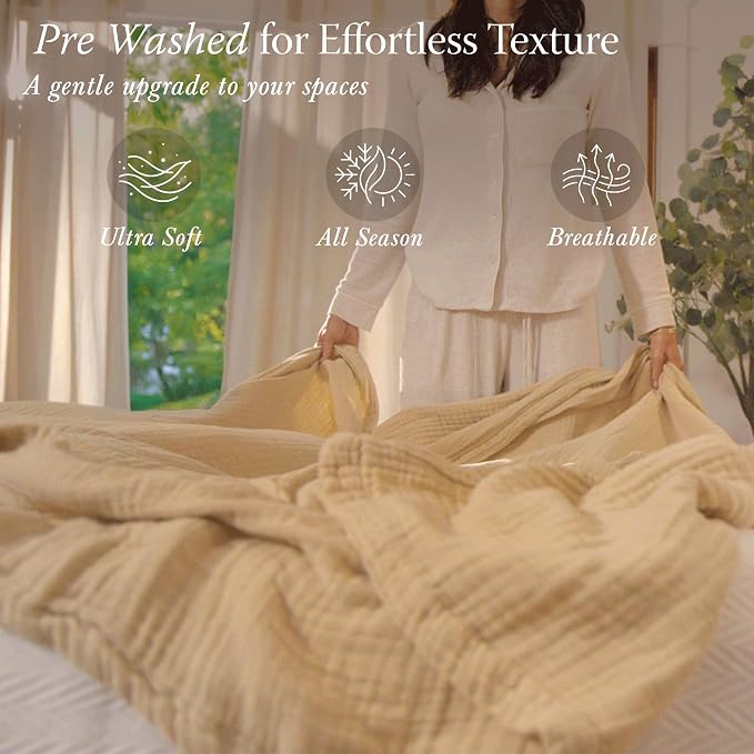 Threadmill Summer Muslin Blankets Queen Size | 100% Cotton 4 Layer Gauze Blanket | Soft, Breathable, Prewashed Cozy Blanket | Lightweight Throw Blankets for Bed Seasons | Beige
