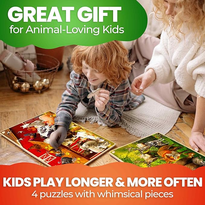 QUOKKA 4SET Puzzles for Kids Ages 4-6 - 48 Pcs Wooden Toddler Realistic Montessori Puzzles Ages 3-5 - Wild Animals Africa Ocean Farm Learning Games for Boys and Girls 4-8 Year Olds