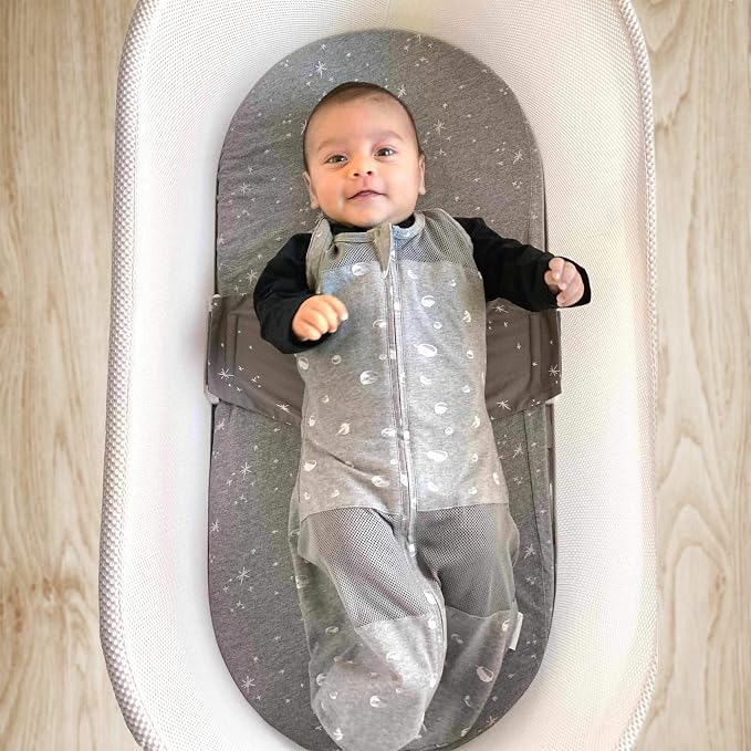 Happiest Baby SNOO Sleep Sack - 100% Organic Cotton Baby Swaddle Blanket - Doctor Designed Promotes Healthy Hip Development (Graphite Planets, Small)