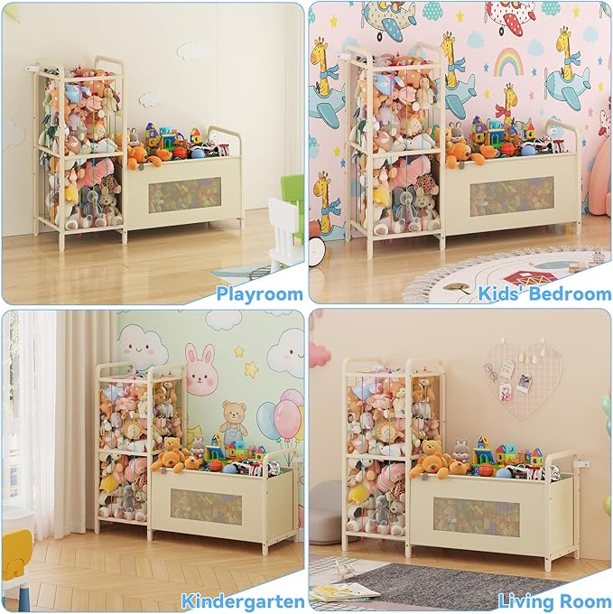 B10 Toy Storage Organizer with Stuffed Animal Storage, Large Toy Box Chest and Stuffed Animal Holder Zoo Organizer with Elastic Ropes for Nursery, Kids Room, Playroom, Bedroom, Beige