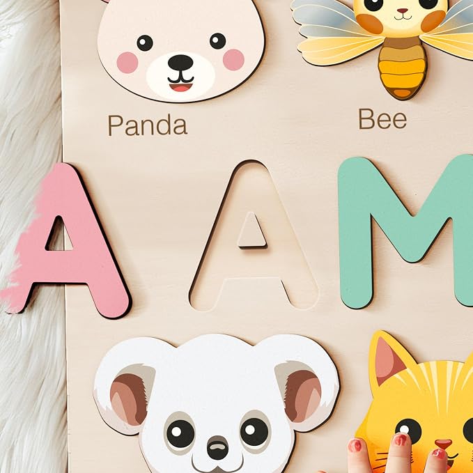 Custom Baby Name Puzzle with Animals, Baby Girl and Boy Gift, Personalized Puzzles for Toddlers, 3 6 9 12 15 18 24 36 Months Toy, Custom Babys Gift, Boy and Girl Personalized Wood Toy