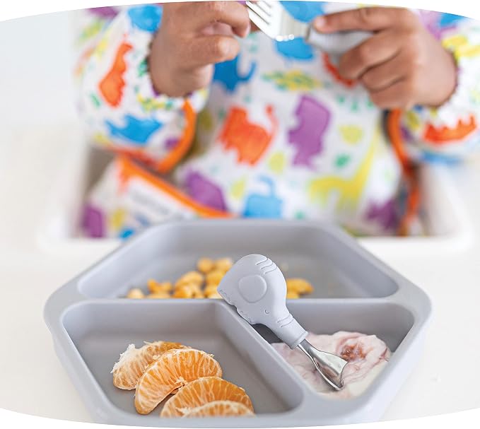 Tiny Twinkle Easy Grip Toddler Utensils Spoon and Fork Set - BPA & Phthalate Free Utensil Sets, Kids Silverware With Silicone Handle, Baby Led Weaning Supplies for 12 Months & Up (Grey Elephant)