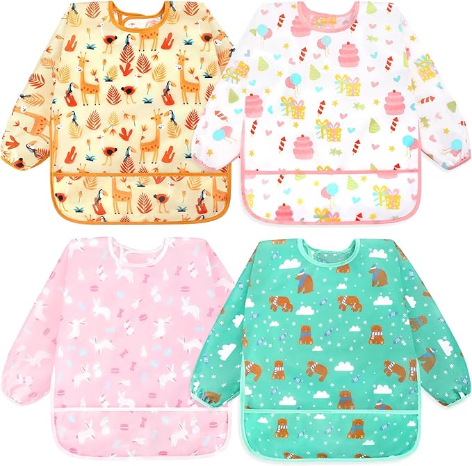 Accmor 4 Pack Long Sleeve Bibs, Baby Smock Waterproof Sleeved Bib Smock for Baby Toddler 6-36 Months