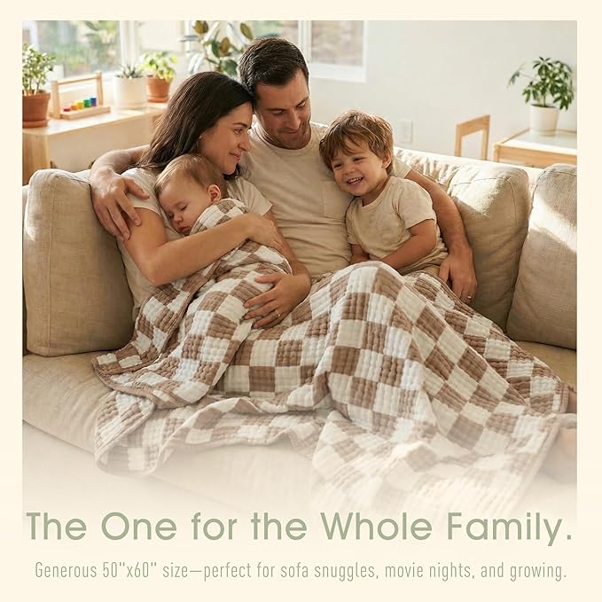 6-Layer Muslin Toddler Blanket - Made with Organic Cotton, Large 50x60 Crib Quilt & Bedding for Kids & Moms (Coffee Checkered)