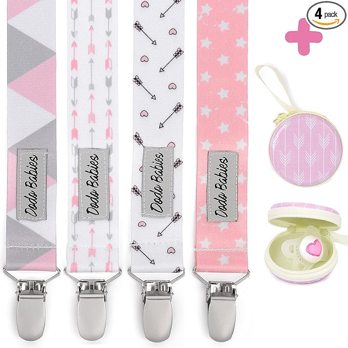 Dodo Babies Pacifier Clip & Case Set - Universal Holder Loop & Pacifier Holder - Secure Binkie Clip for Bibs & Car Seat - Durable Water-Resistant Straps for Baby Essentials - 5-Piece Set, Pink & Gray