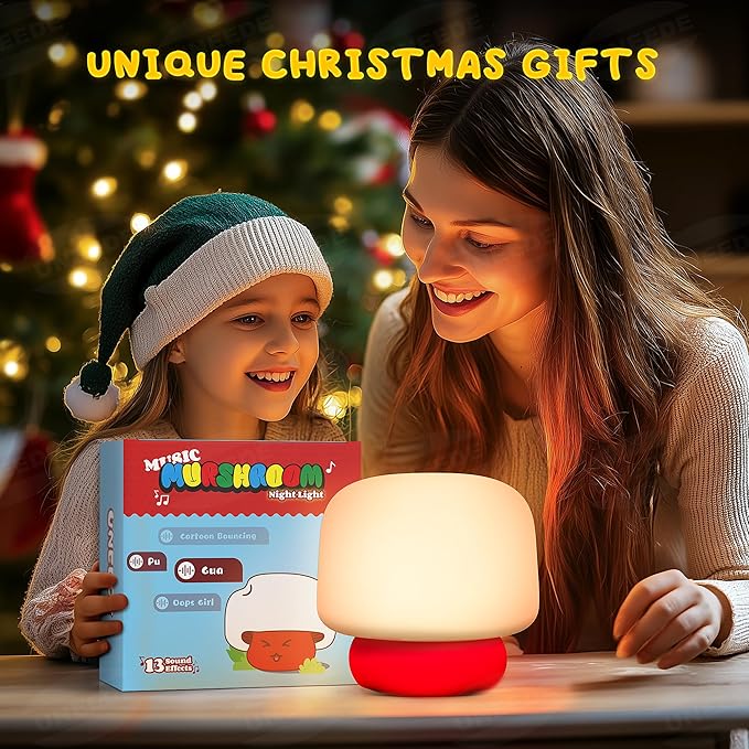 UNEEDE Mushroom Night Light for Kids with 13 Sound Effects Cute Mushroom Decor, Squishy Nursery Lamp with Timer,Christmas Birthday Gift