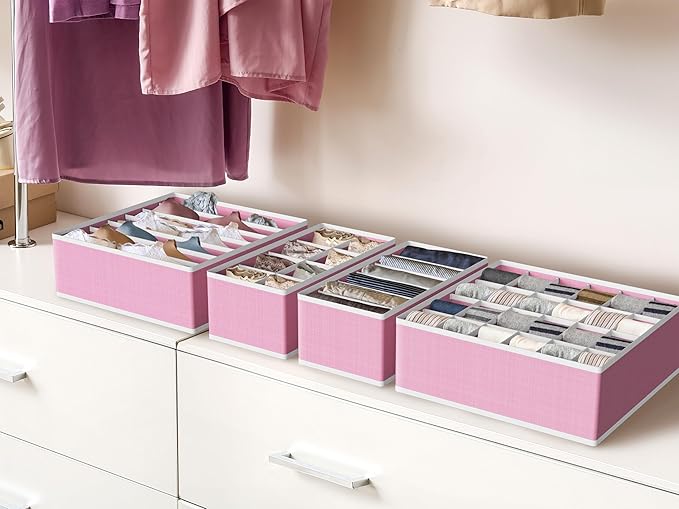 Simple Houseware 4-Pack Drawer Organizer Set - Closet Dividers for Underwear, Socks, Bras, Scarves, Ties - Foldable Non-Woven Storage Boxes, Pink
