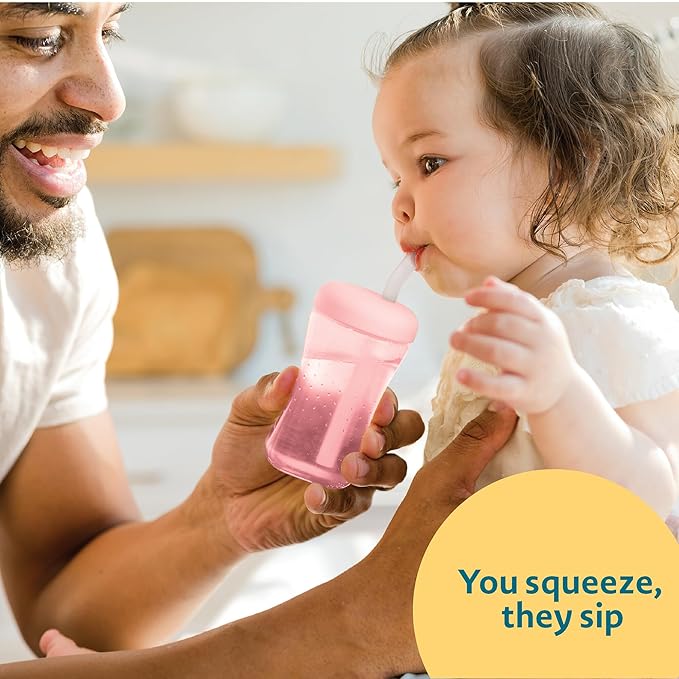 The First Years Squeeze & Sip Toddler Straw Cups - Squeezable Transition Sippy Cup with Silicone Straw - Toddler Feeding Supplies - Pink/Purple/Blue - 7 Oz - 3 Count - Ages 6 Months and Up