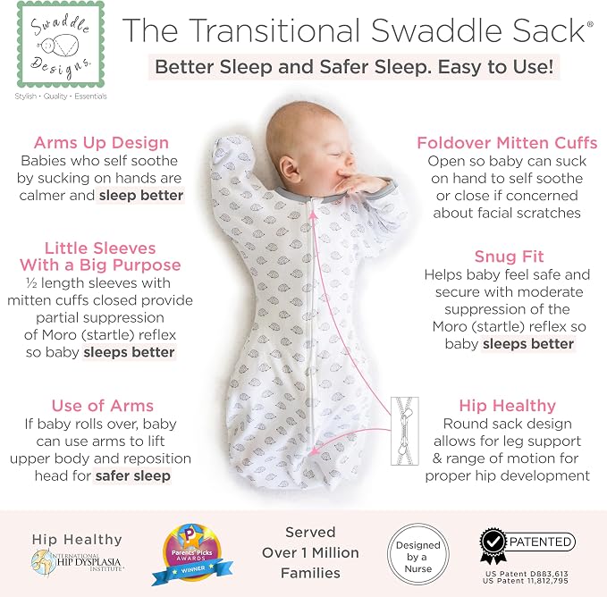 SwaddleDesigns Transitional Swaddle Sack, Arms Up Half-Length Sleeve Mitten Cuff, Most Gradual Transition Swaddle for Newborn