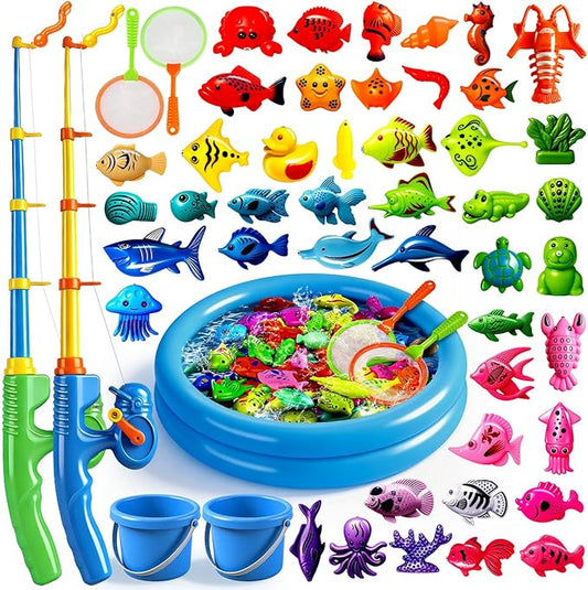 CozyBomB??Magnetic Fishing Toys Game Set for Kids | Water Table Bathtub Kiddie Pool Party Pole Rod Net, Outdoor Plastic Floating Fish, Toddler Bath Color Ocean Sea Animals Birthday Gift Age 3-5 6 4-8