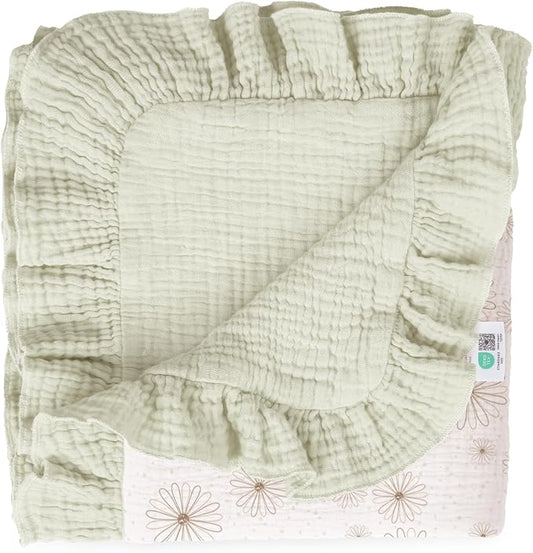 lulumoon Ruffle Muslin Baby Blanket: Soft Breathable Cotton Crib Blanket for Newborn Girls - Lightweight Receiving Wrap for Stroller & Photography Backdrop 40"x36"(Daisy)