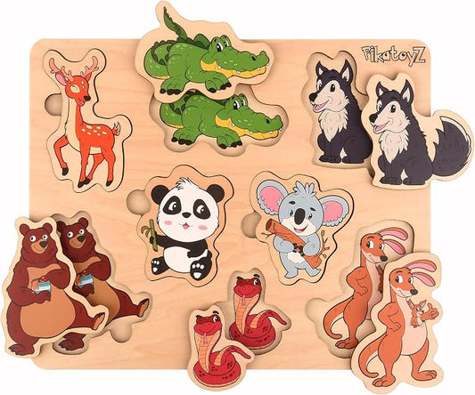 Wooden Puzzle, Forest Animals, 8 Pieces, Ages 1-3, Montessori Toy for Gifts, Educational Game for Babies and Children, Portable Baby Puzzles