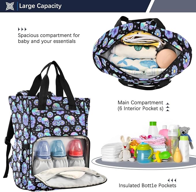 Tiny Holographic Sugar Skulls Diaper Bag Large Cap Unisex 15L Mom Dad