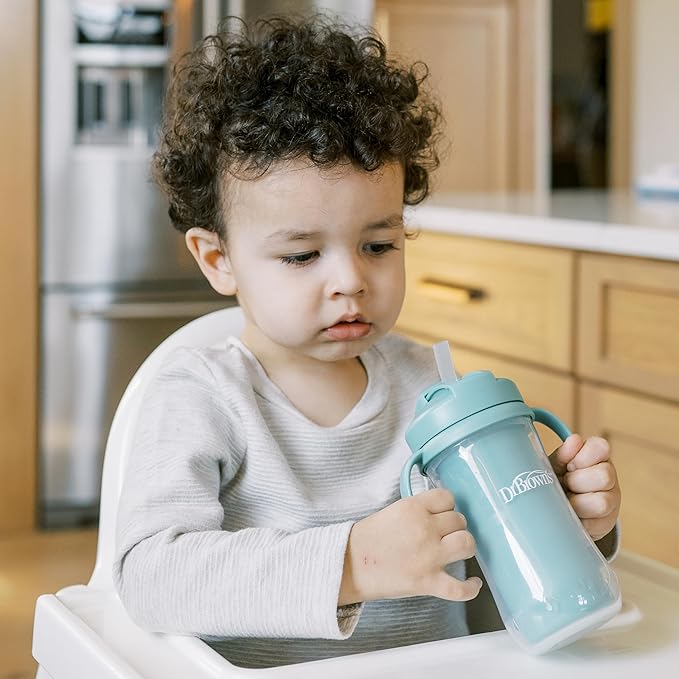 Dr. Brown's Milestones Insulated Sippy Cup with Straw and Handles, Spill-Proof Tumbler with Lid, 4-Pack, Green/Blue/Green/Green, 10 oz/300 mL, BPA Free, 12m+