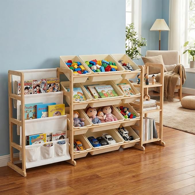 Large Toy Storage Organizer with 12 Bins, 4-Tier Bookshelf & 3 Side Shelves, 59" Wide Kids Room Organization, Easy Assembly for Playroom, Bedroom, Nursery Room, White