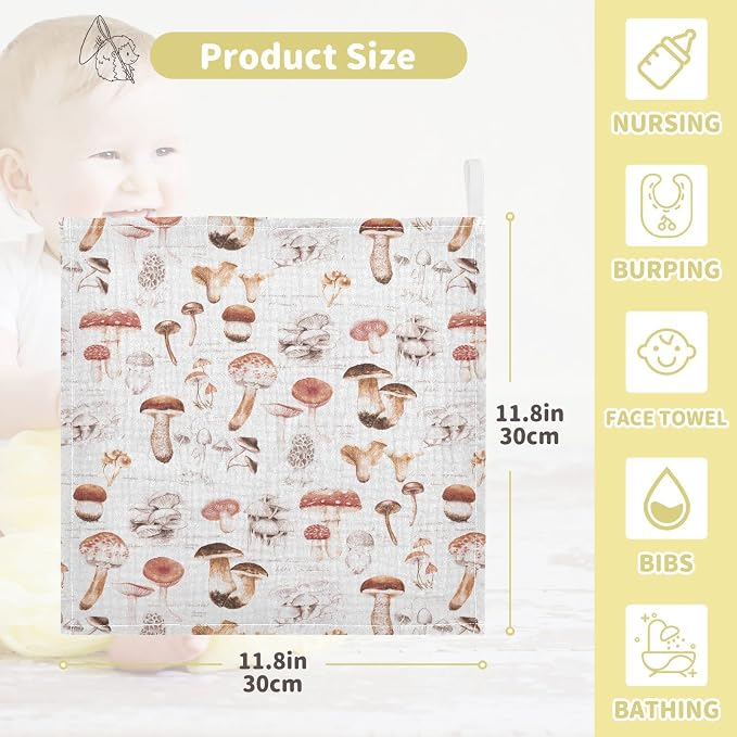 vvfelixl Baby Washcloths Cotton Different Mushrooms Baby Muslin Washcloths Soft Baby Face Towel for Newborn Infants Baby Wipes, 11.8 X 11.8 Inch, 3 Pack