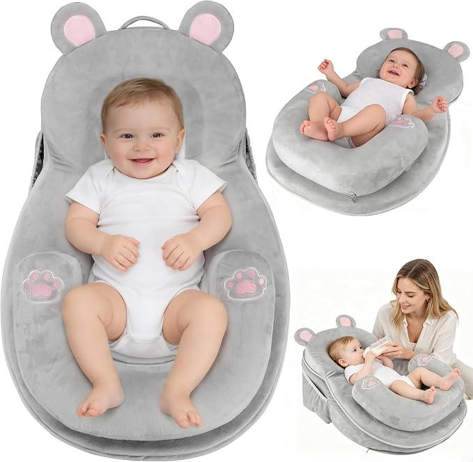 WARMHONIU Baby Feeding Pillow, Anti-Reflux Breastfeeding Infant Lounger & Tummy Time Pillow for Reducing Spit-Up, 25.2" L x 17.7" W, Detachable Cover with Handle & Storage Bag