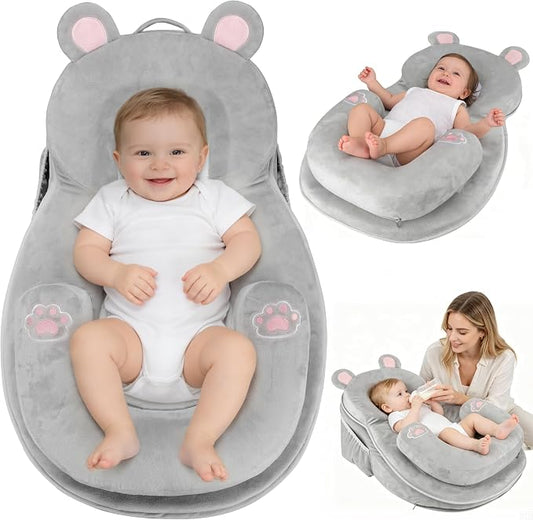 WARMHONIU Baby Feeding Pillow, Anti-Reflux Breastfeeding Infant Lounger & Tummy Time Pillow for Reducing Spit-Up, 25.2" L x 17.7" W, Detachable Cover with Handle & Storage Bag
