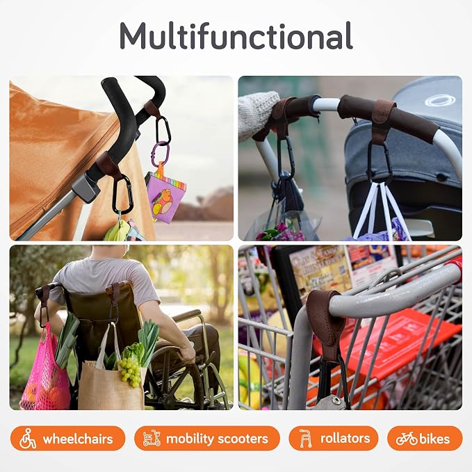 Baby Uma Stroller Hooks for Bags (2 Pack) - Leather-Style Stroller Clips and Hooks, Non-Slip Stroller Accessories, Carry 11 lbs Per Stroller Hook, Universal Baby Essentials & Stroller Accessories