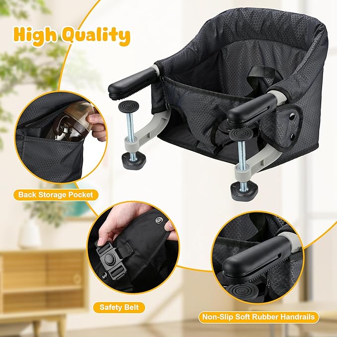 Hook On Chair with Removable Dining Tray, Portable Table High Chair, Folding Compact Baby Seat with Storage Bag for Indoor/Outdoor(Black)
