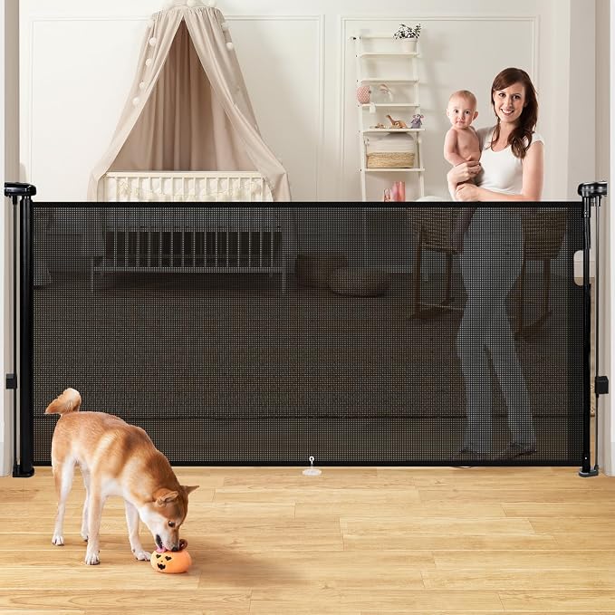Retractable Baby Gates Dog Gate for Stairs, 55" Wide Mesh Baby Gate Pet Gate for The House, 34" Tall Child Safety Gates for Doorways, Hallways, Deck, Porch, Indoor, Outdoor