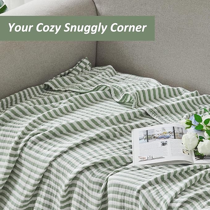 EMME Cotton Muslin Large Throw Blanket Couch 4-Layer Breathable Gauze Soft Lightweight Bed Blankets Adults (Striped Sage Green, 50"x71")