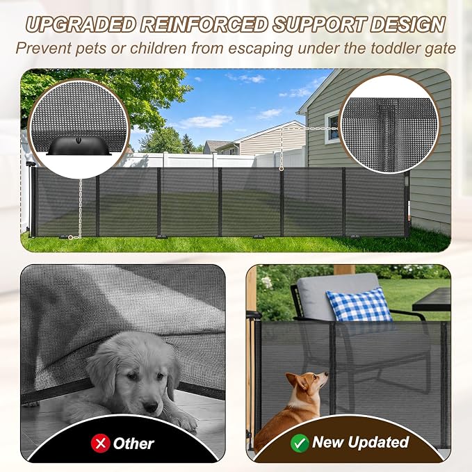 Reinforced 157" Wide Retractable Gate with Reinforced Strips, Indoor/Outdoor Retractable Dog Gate for Doorway Prevent Bottom Drilling Through, Safety Mesh Gate, Black