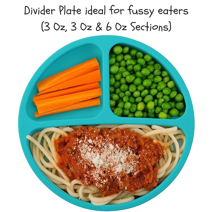 EVLA'S Baby Feeding Set, Baby Led Weaning Supplies, Adjustable Silicone Bibs, Divided Plate, Suction Bowl with Lid, Soft Spoons for Babies or Toddlers, Baby Registry must have!(Blue and Green)