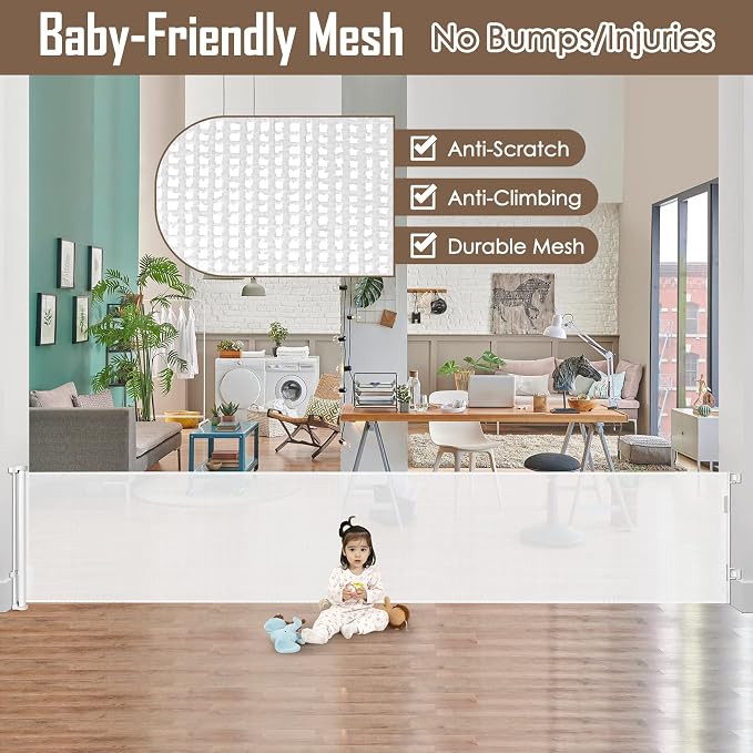 185 Inch Wide Retractable Baby Gates Outdoor Retractable Dog Gate Indoor Extra Long Baby Gate Retractable Pet Gate, Dog Gates for The House Extra Large Pet Gate, Child Gates for Wide Openings, White
