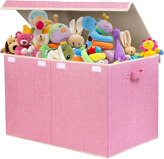 122L Large Toy Box Chest with Lid, Foldable Toy Storage Organizer Bin Boxes with Removable Divider for Kids, Boys, Girls, Nursery, Playroom, 26"x17" x17"(Linen Pink)